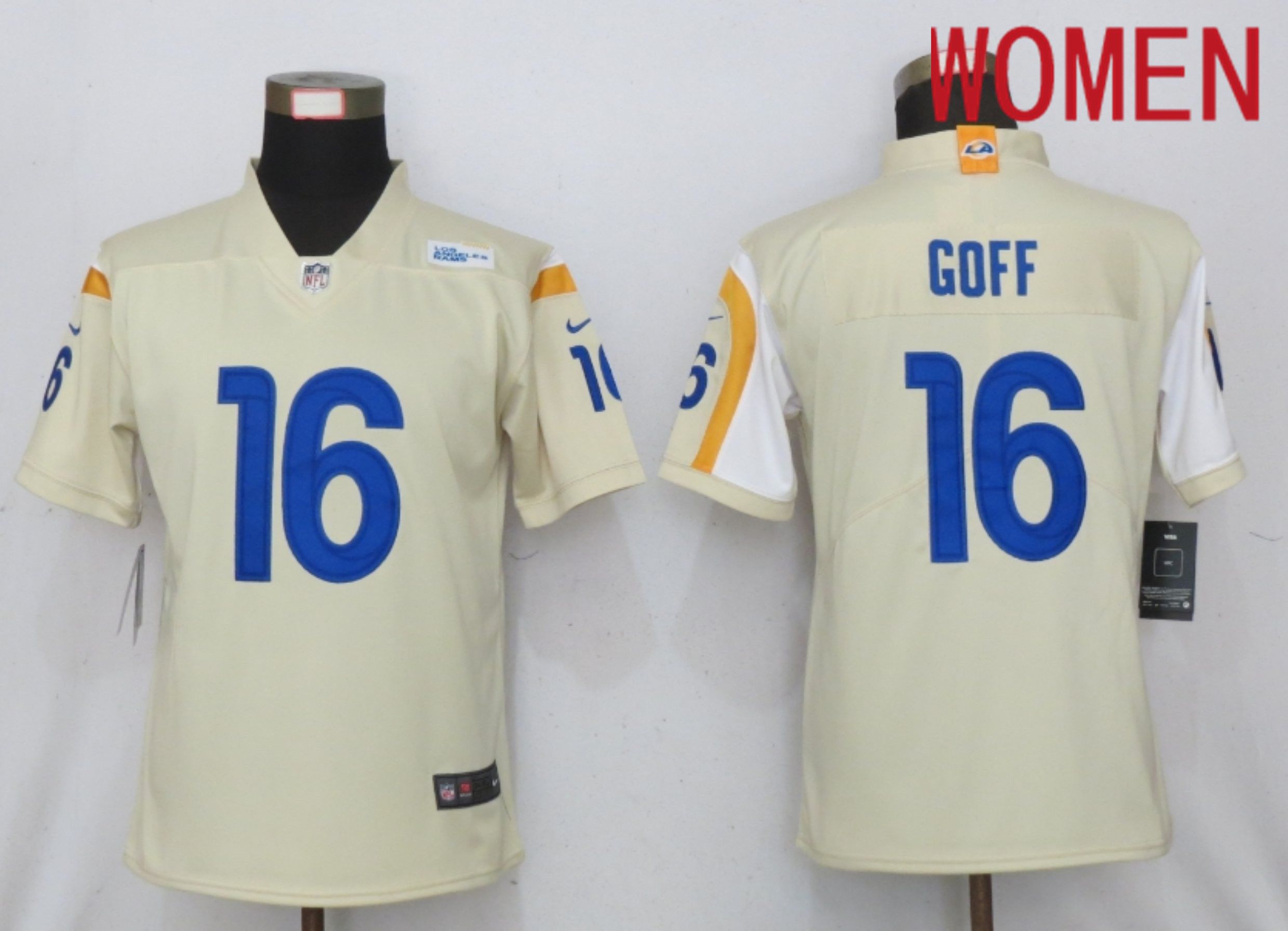 Women Los Angeles Rams #16 Goff Bone Los Angeles Rams Vapor Elite Playe Nike NFL Jerseys->women nfl jersey->Women Jersey